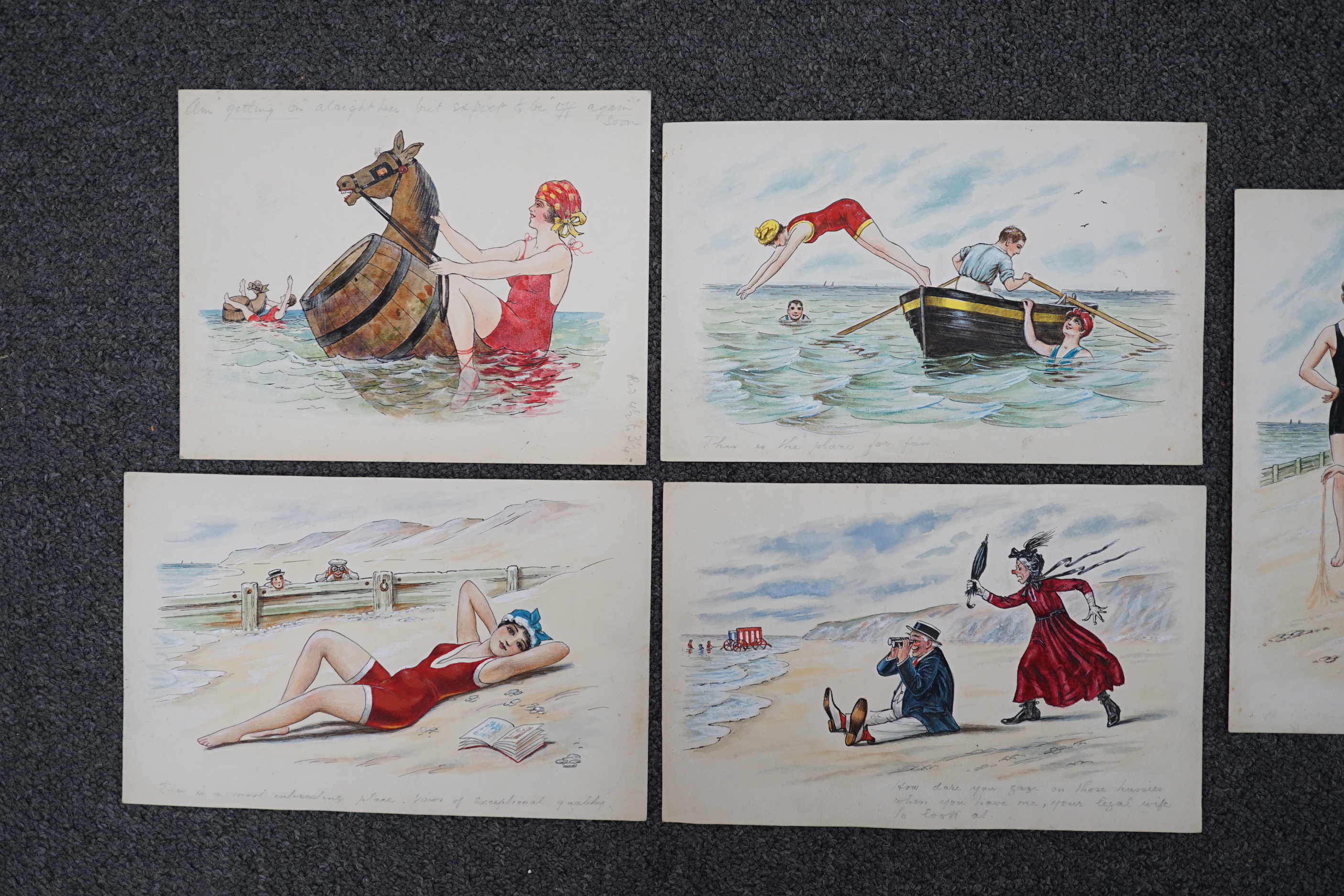 Alfred Edward Philp (c.1910), set of five ink and watercolour postcard designs, Bathing Scenes, 14.5 x 23cm, unframed